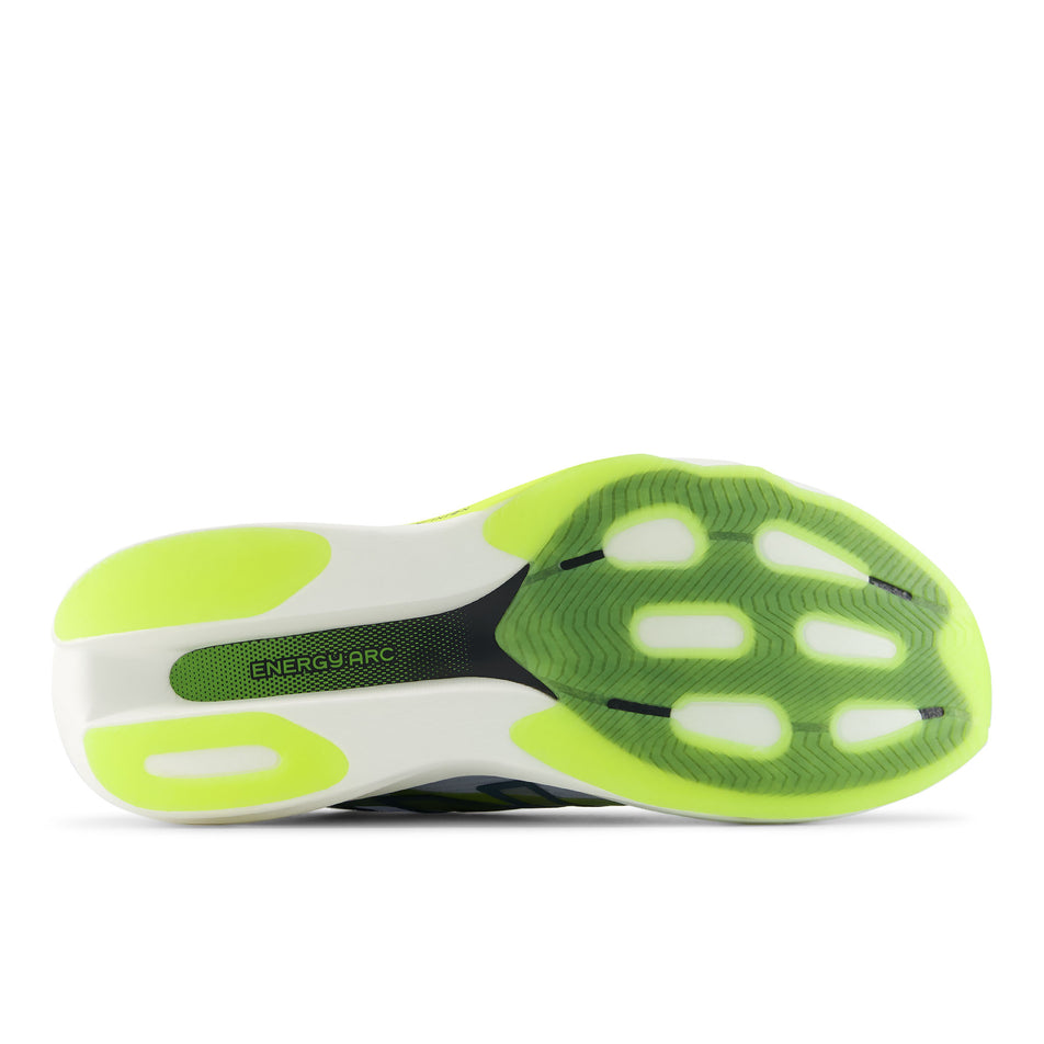 The outsole of the right shoe from a pair of New Balance Men's SC Rebel Running Shoes in the Fresh Air/Alkaline Green colourway.