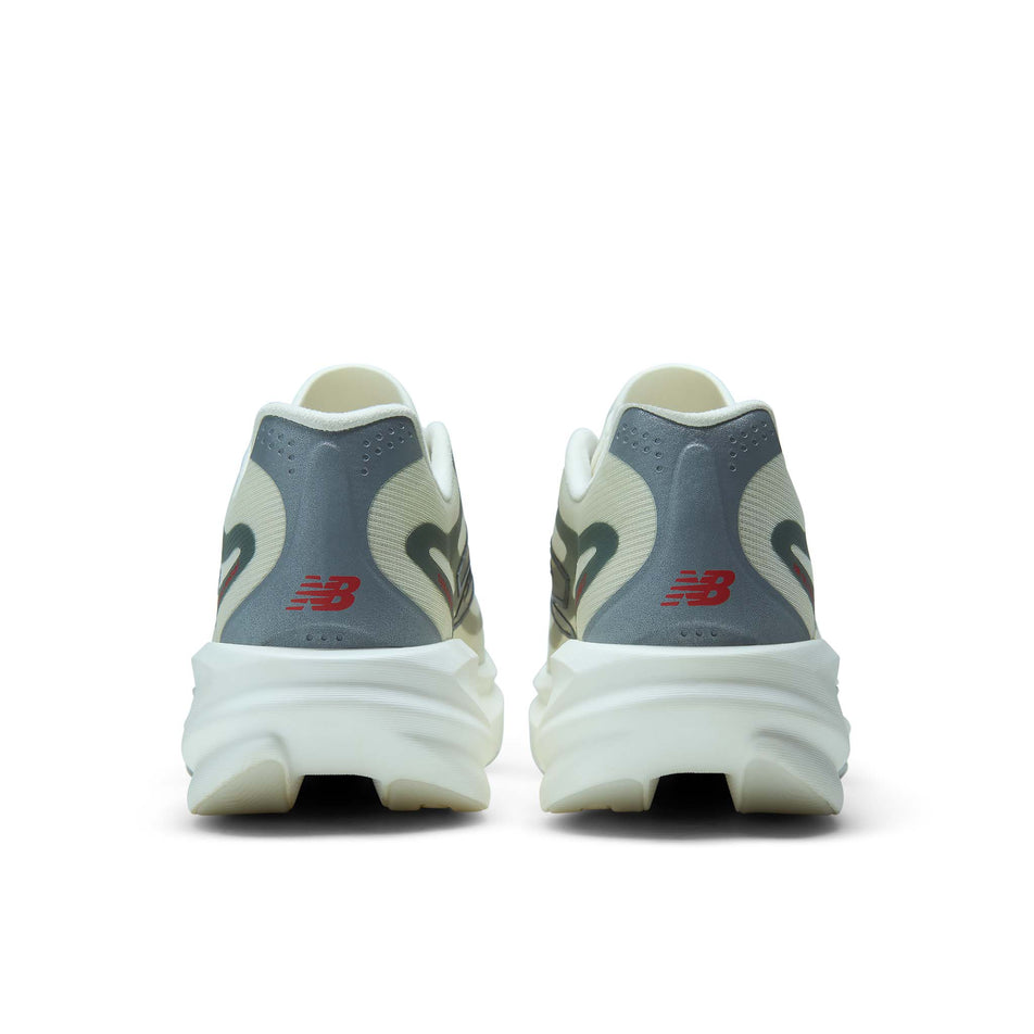 The back of a pair of New Balance Men's SC Rebel Running Shoes in the Angora/Slate Grey colourway.