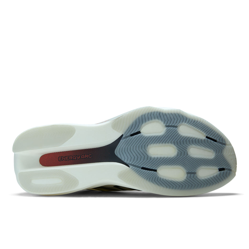 The outsole of the right shoe from a pair of New Balance Men's SC Rebel Running Shoes in the Angora/Slate Grey colourway.