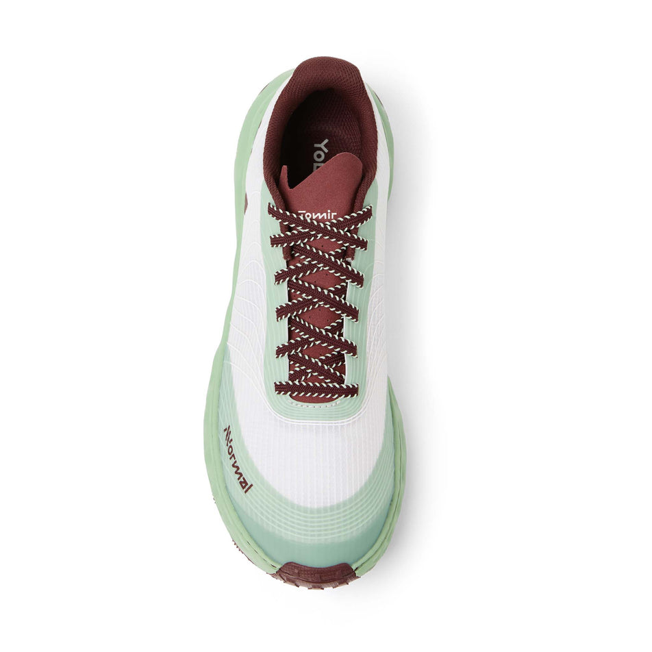 The upper of the right shoe from a pair of NNormal Unisex Tomir 2.0 Running Shoes in the Green/White colourway.