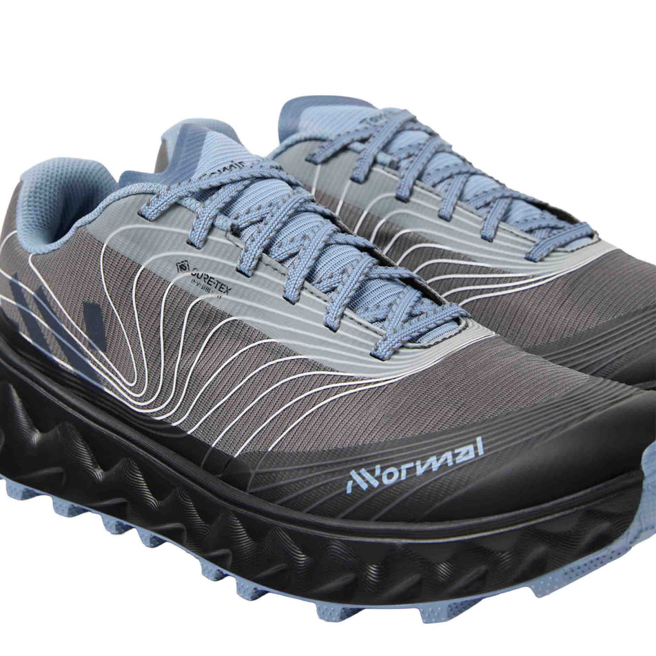 Close-up view of a pair of NNormal Unisex Tomir 2.0 GTX Running Shoes in the Blue/Grey colourway.