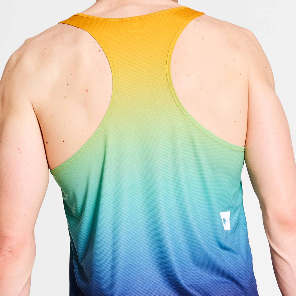 Close-up back view of a model wearing a SAYSKY Men's Drip Dye Flow Singlet in the Blue AOP colourway.(8675465986210)