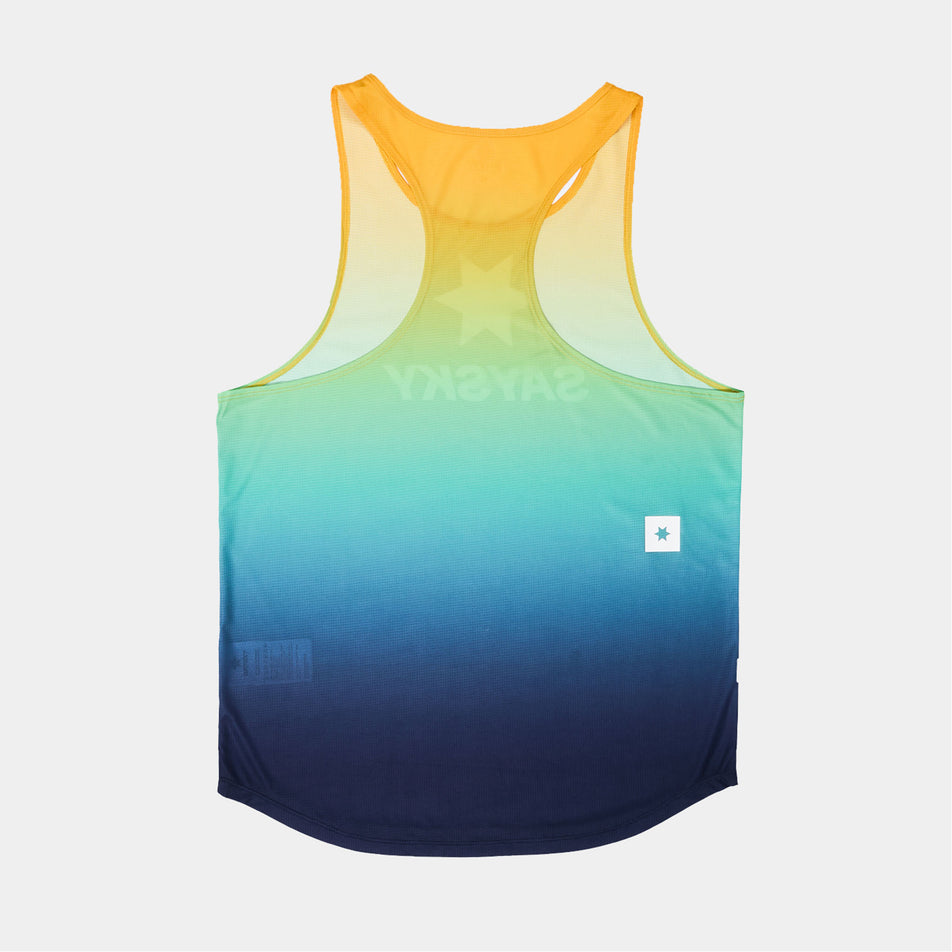 Back view of a SAYSKY Men's Drip Dye Flow Singlet in the Blue AOP colourway. (8675465986210)