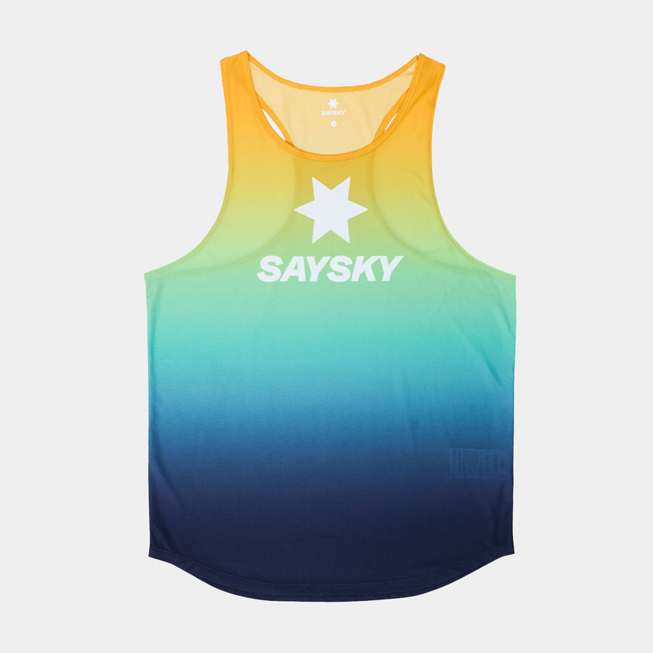 Front view of a SAYSKY Men's Drip Dye Flow Singlet in the Blue AOP colourway. (8675465986210)