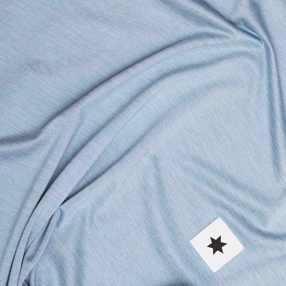 Close-up of the SAYSKY Men's Logo Pace T-Shirt in the Blue Melange colourway. (8601301647522)
