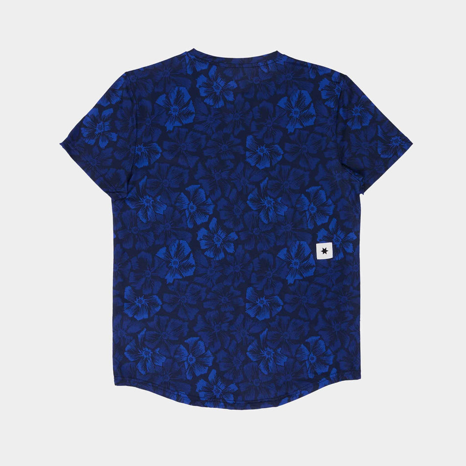 Back view of a SAYSKY Men's Flower Combat T-Shirt in the Blue AOP colourway. (8663034364066)