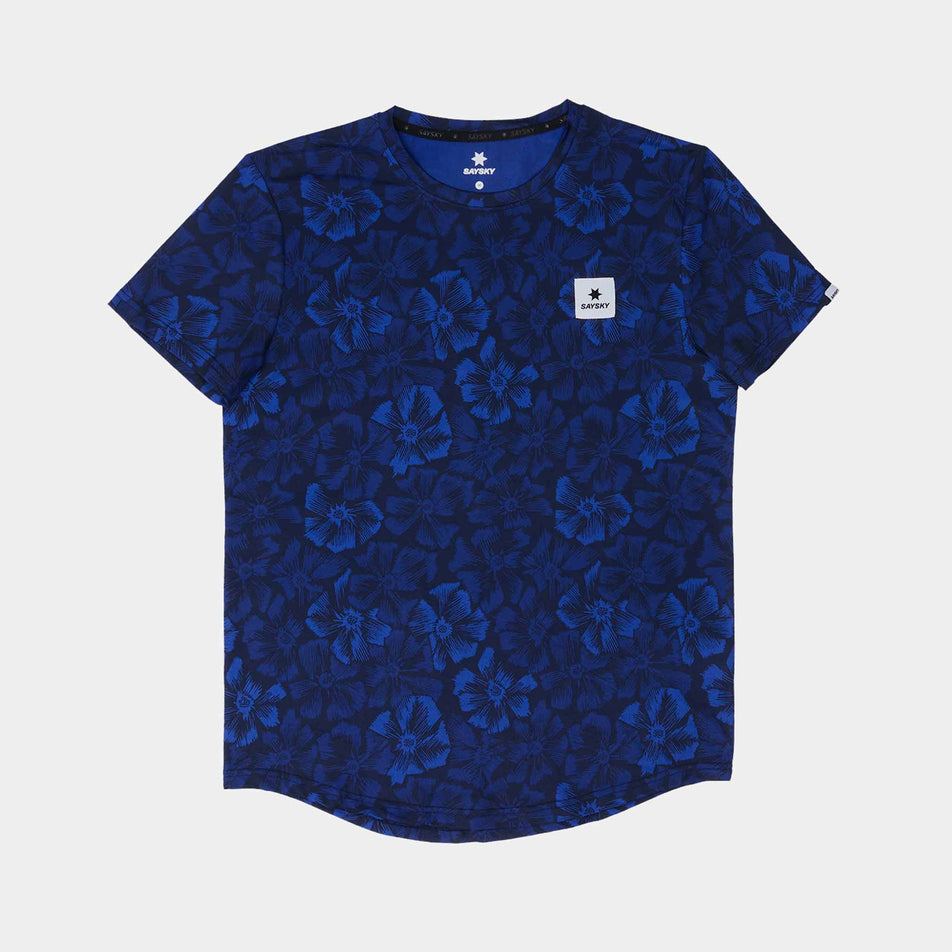 Front view of a SAYSKY Men's Flower Combat T-Shirt in the Blue AOP colourway. (8663034364066)