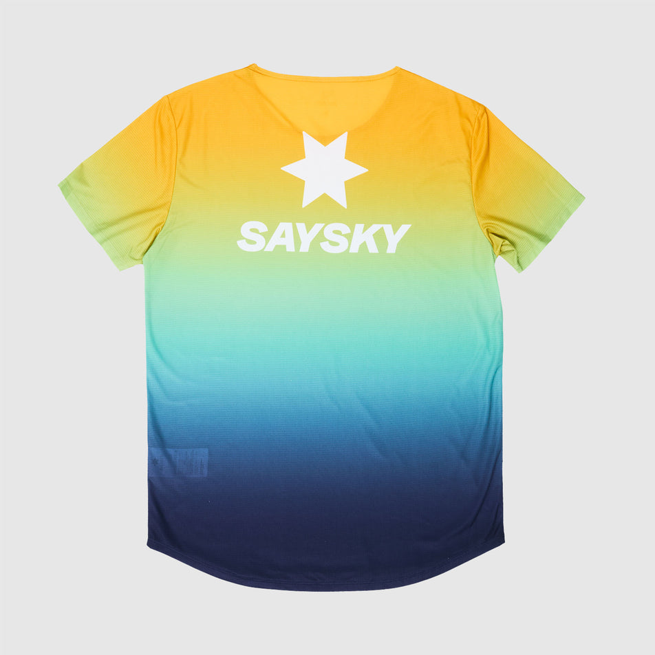 Back view of a SAYSKY Men's Drip Dye Flow T-Shirt in the Blue AOP colourway. (8675467428002)