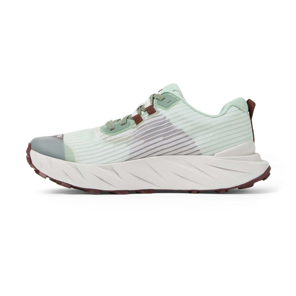 Medial view of the right shoe from a pair of NNormal Cadí Running Shoes in the Green colourway.