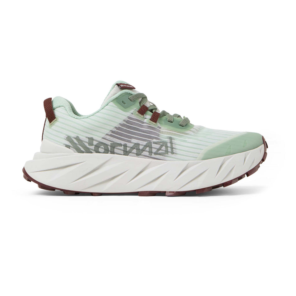 Lateral view of the right shoe from a pair of NNormal Women's Cadí Running Shoes in the Green colourway.