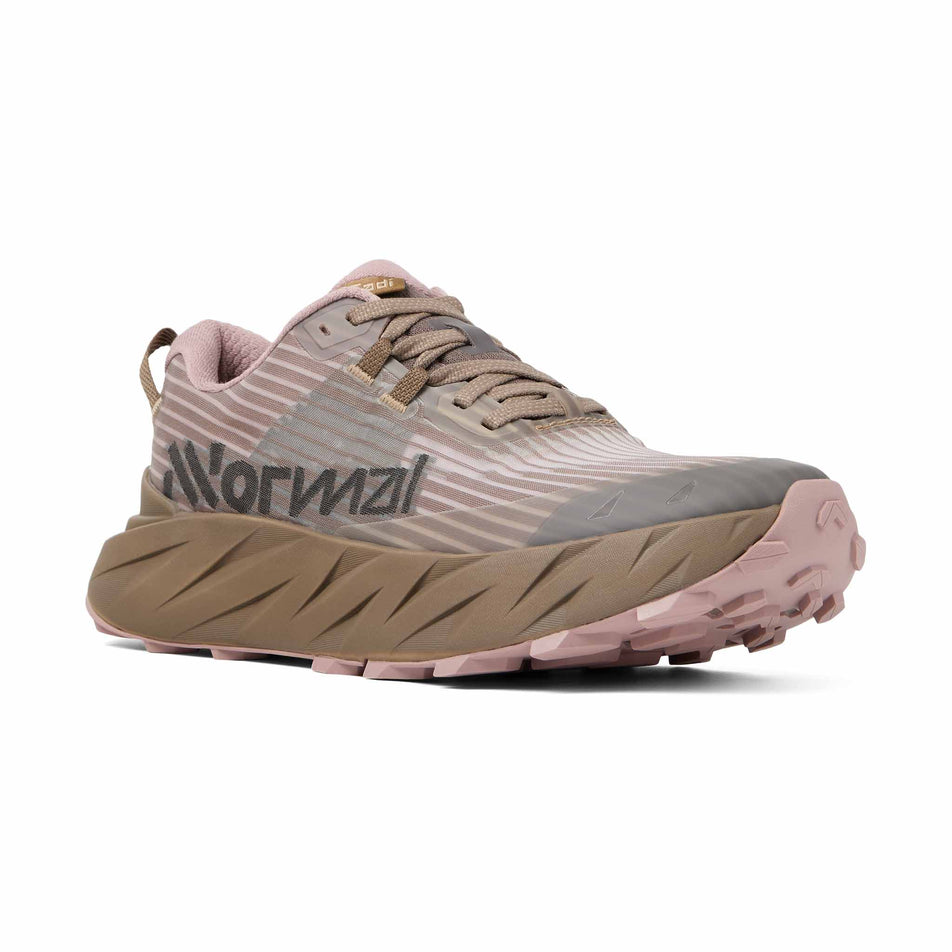 Lateral view of the right shoe from a pair of NNormal Women's Cadí Running Shoes in the Brown/Pink colourway.