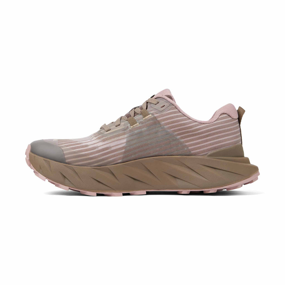 Medial view of the right shoe from a pair of NNormal Women's Cadí Running Shoes in the Brown/Pink colourway.