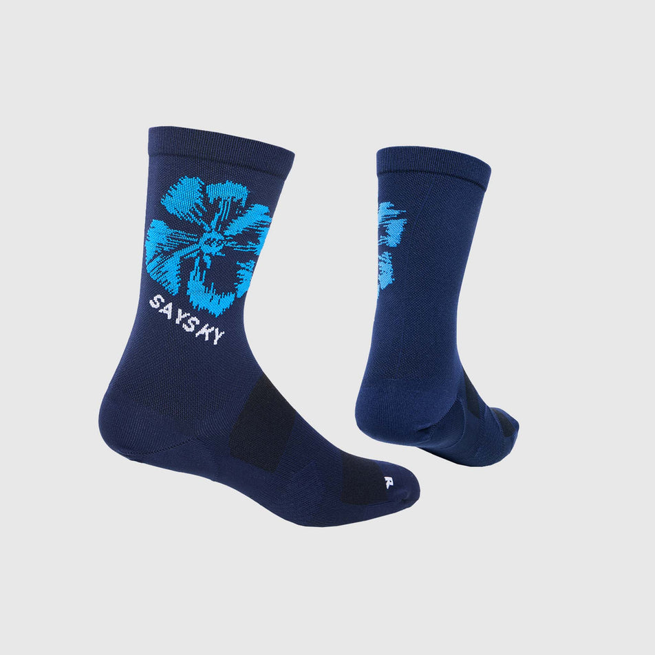 A pair of SAYSKY Unisex Flower Combat High Socks in the Blue AOP colourway (8663053467810)