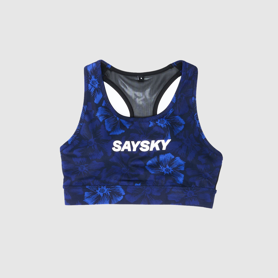 Front view of a SAYSKY Women's Flower Combat Sports Bra in the Blue AOP colourway. (8663041015970)