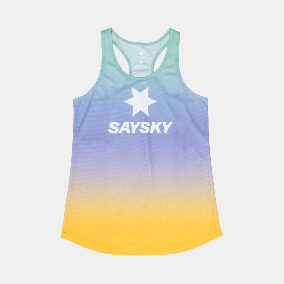 Front view of the SAYSKY Women's Drip Dye Flow Singlet in the Purple AOP colourway. (8675473784994)