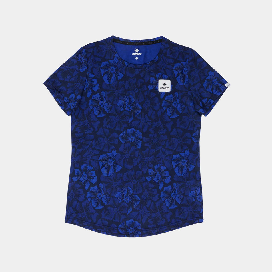 Front view of a SAYSKY Women's Flower Combat T-Shirt in the Blue AOP colourway. (8663044915362)