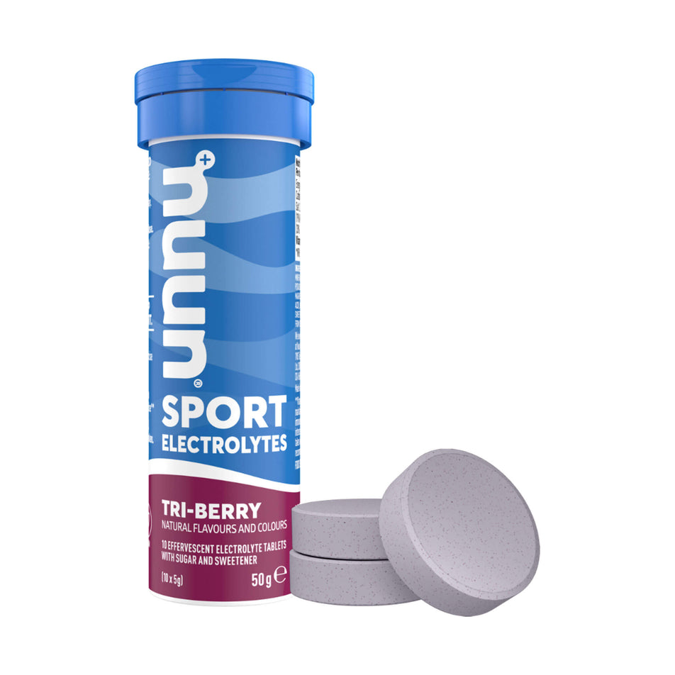 A tube of Nuun Sport Hydration Tablets and three individual tablets. Tri-Berry flavour. (7074407612578)