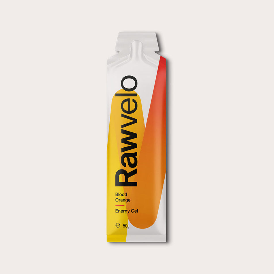 Front of a Rawvelo Blood Orange Energy Gel's packaging (8482624831650)