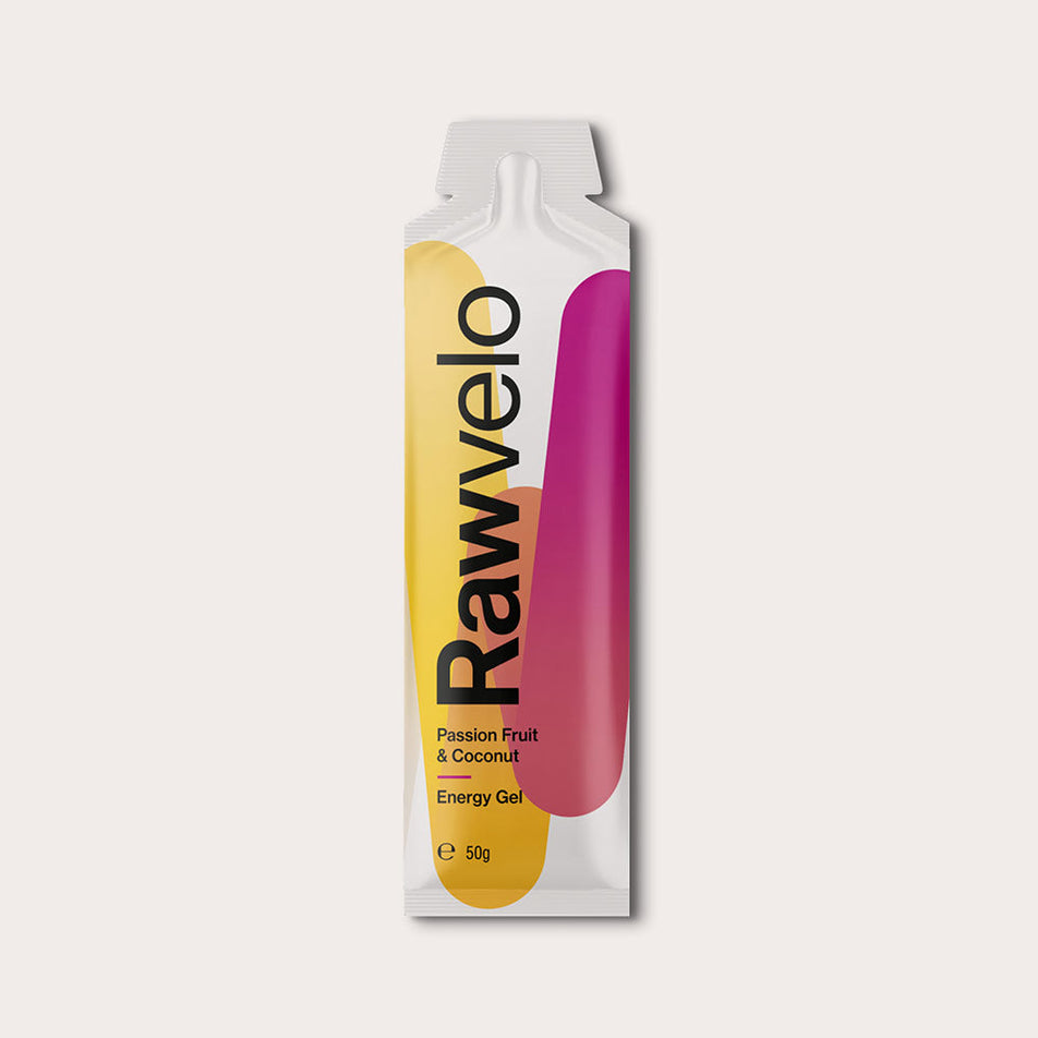 Front of a Rawvelo Passionfruit & Coconut Energy Gel Sachet (8482630107298)