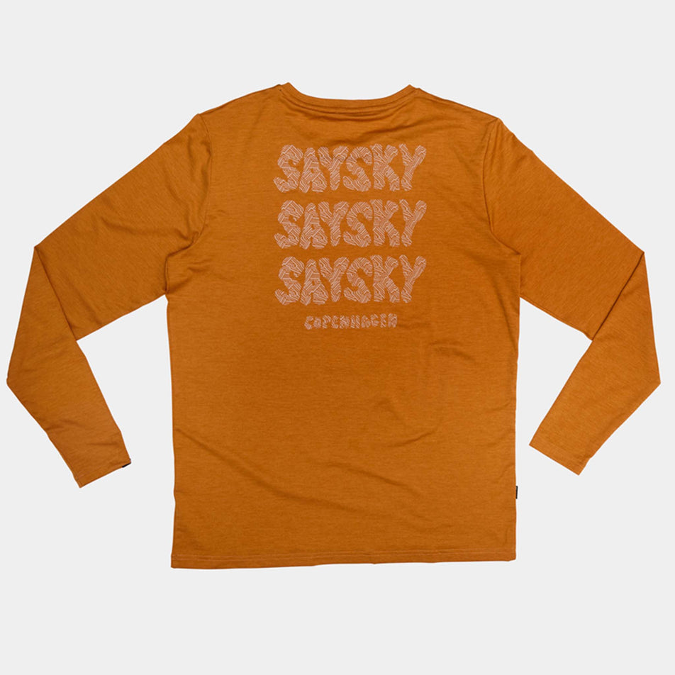 Back view of the SAYSKY Men's Reflective Logo Pace Long Sleeve in the Orange colourway. (8788197605538)