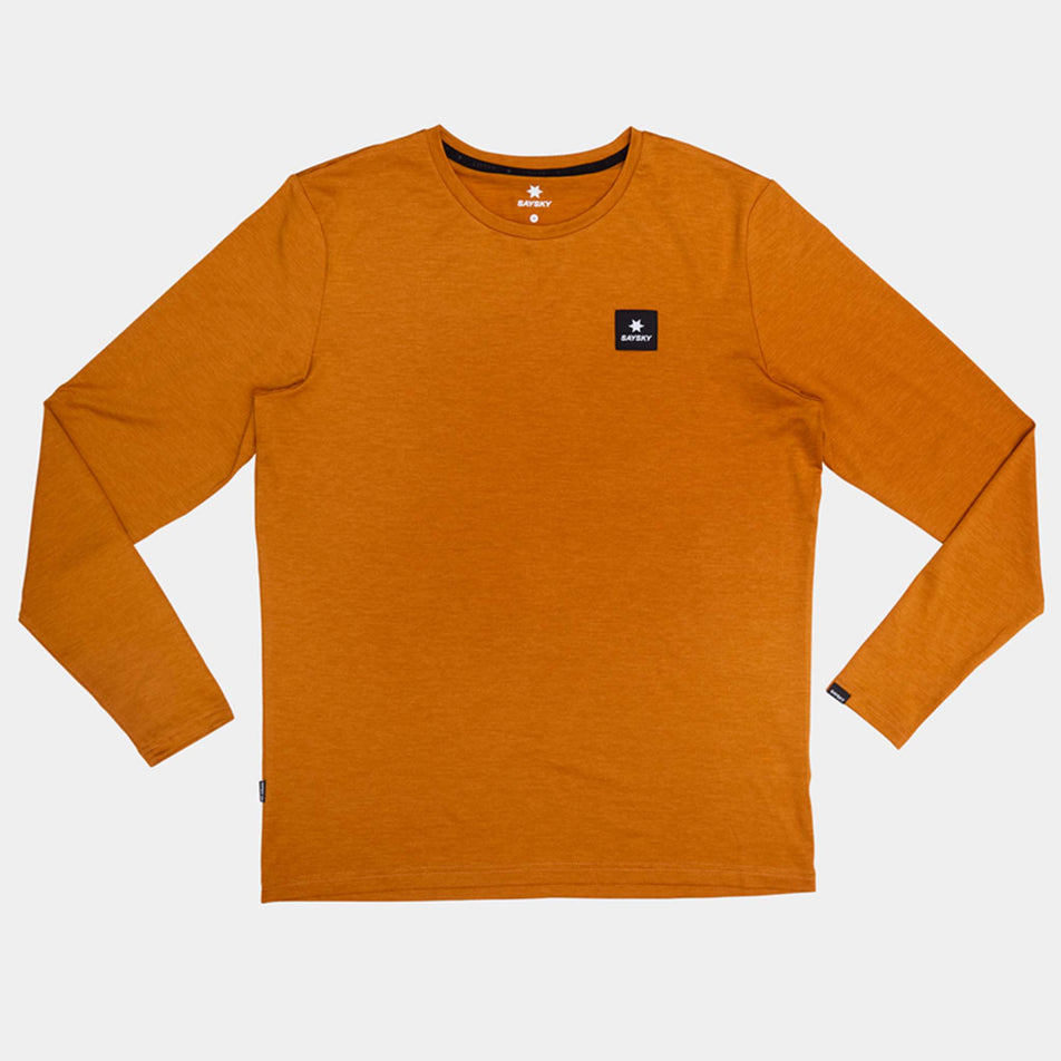 Front view of the SAYSKY Men's Reflective Logo Pace Long Sleeve in the Orange colourway. (8788197605538)