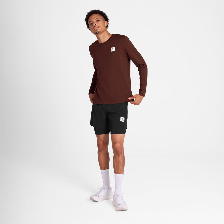 Front view of a model wearing the SAYSKY Men's Statement Pace Long Sleeve in the Red colourway. (8781022068898)