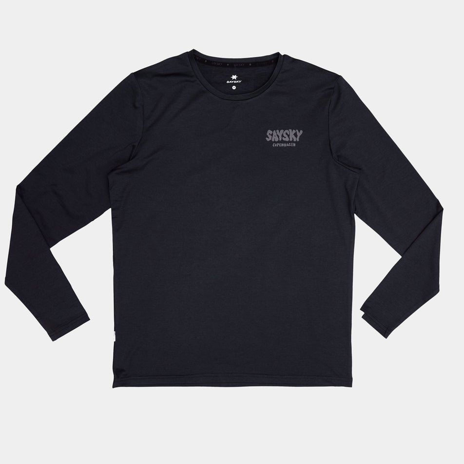 Front view of the SAYSKY Men's Reflective Logo Pace Long Sleeve in the Black colourway. (8788224344226)