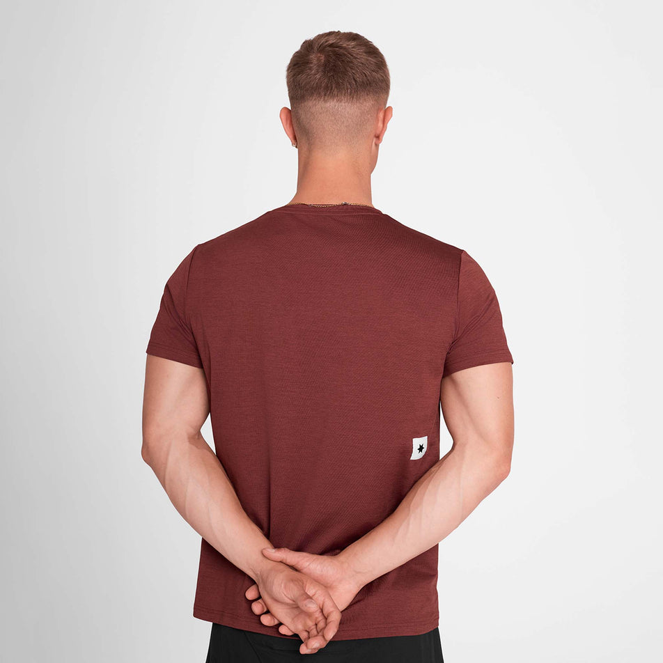 Back view of a model wearing the SAYSKY Men's Logo Pace T-Shirt in the Red colourway. (8731675394210)