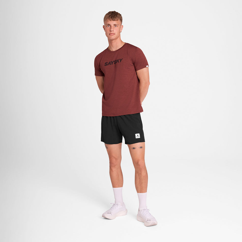 Front view of a model wearing the SAYSKY Men's Logo Pace T-Shirt in the Red colourway. (8731675394210)