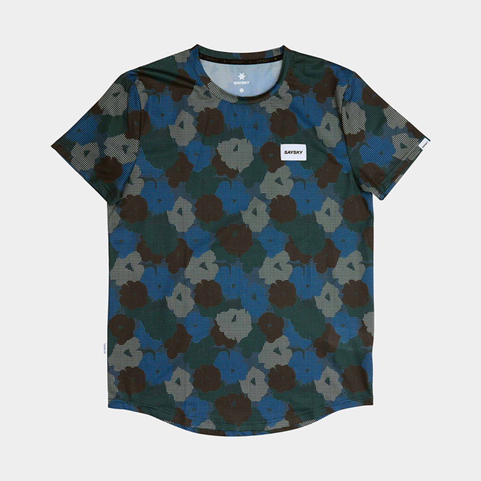 Front view of a SAYSKY Men's Flower Combat T-Shirt in the Blue AOP colourway. (8756181434530)