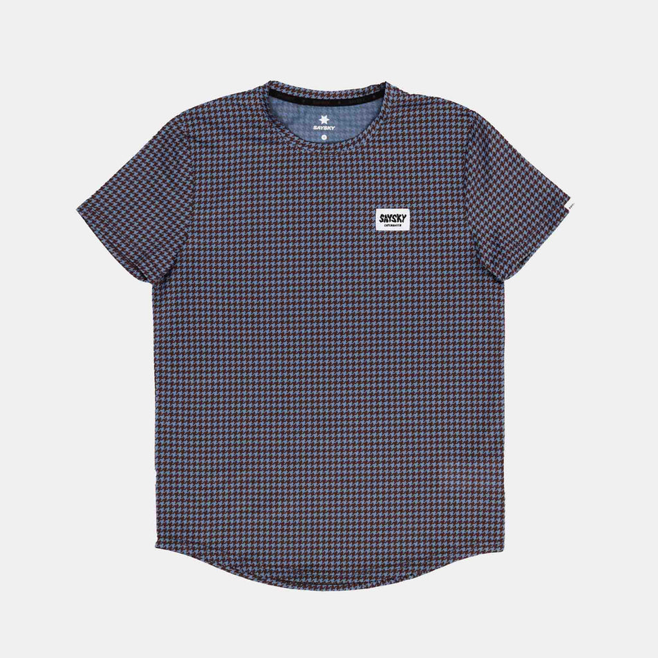 Front view of a SAYSKY Men's Houndstooth Combat T-Shirt in the Blue AOP colourway. (8756486439074)