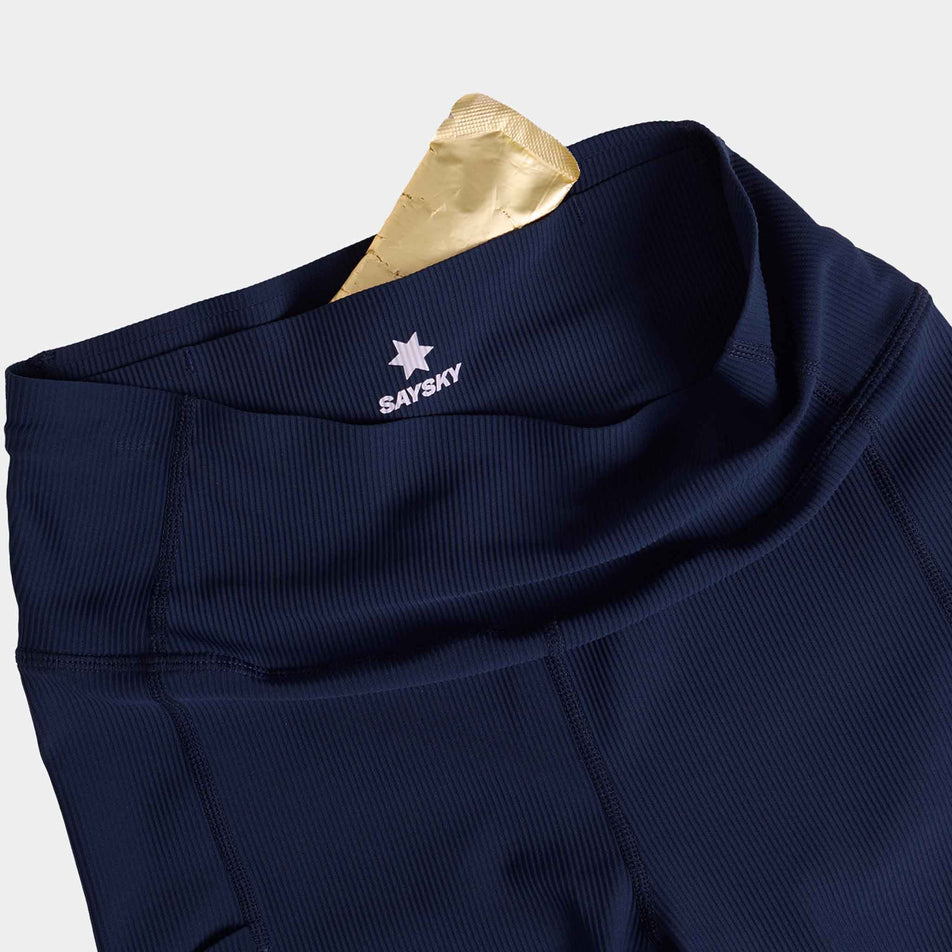 Close-up of the drop-in pocket at the back of the SAYSKY Women's Combat+ Rib Long Tights in the Blue colourway. (8730937196706)