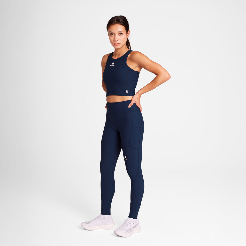 Front view of a model wearing the SAYSKY Women's Combat+ Rib Long Tights in the Blue colourway. (8730937196706)