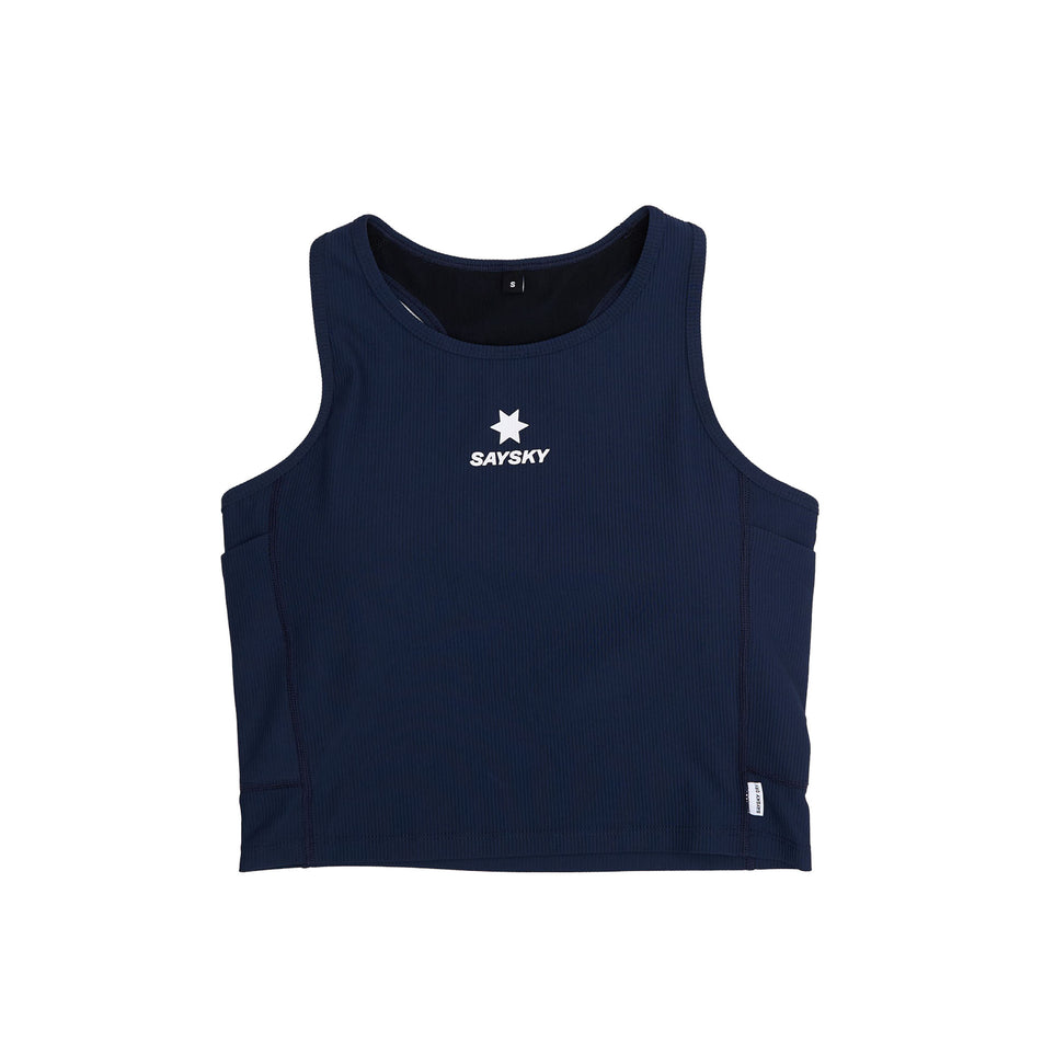 Front view of the SAYSKY Women's Combat Rib Crop Top in the Blue colourway. (8730942242978)