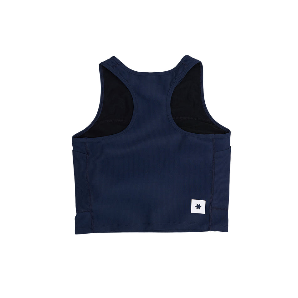 Back view of the SAYSKY Women's Combat Rib Crop Top in the Blue colourway. (8730942242978)