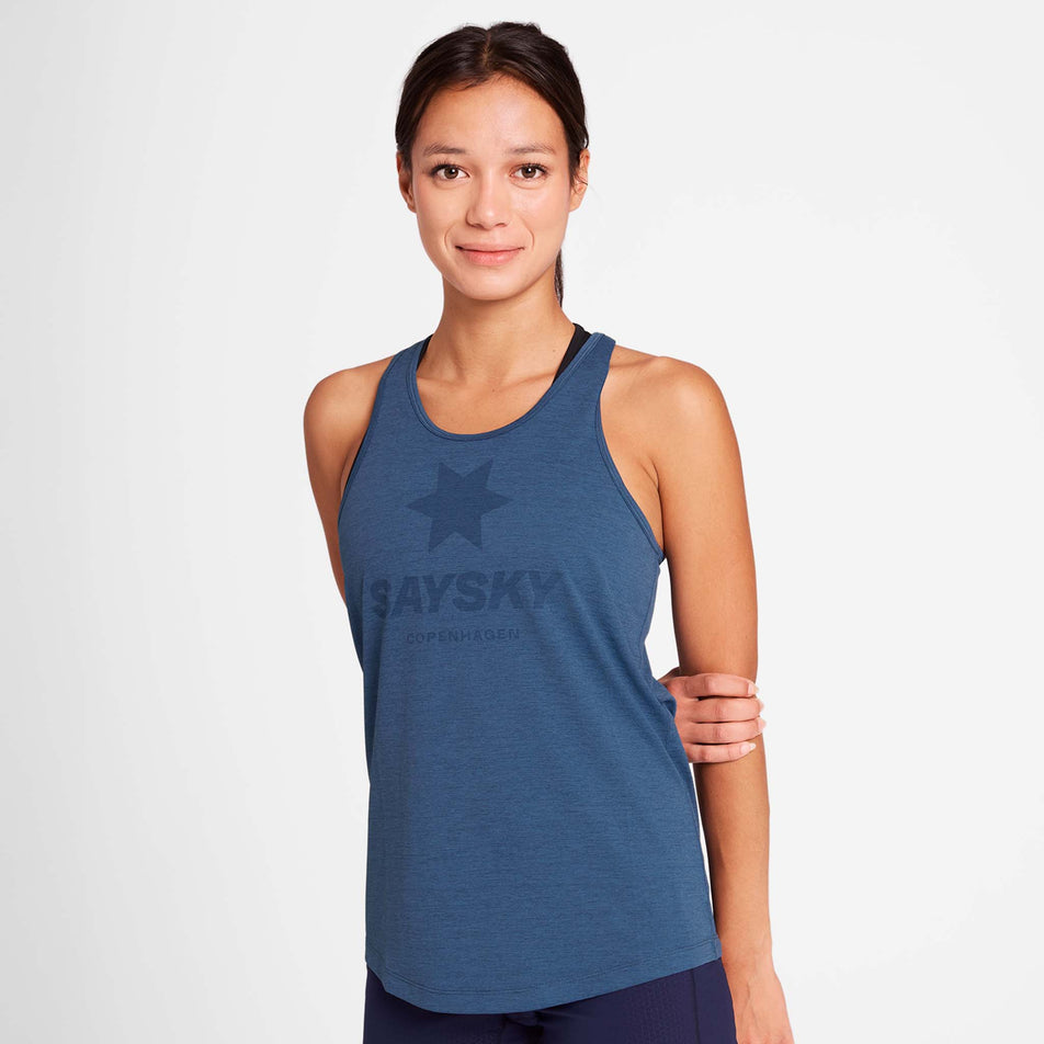 Front view of a model wearing the SAYSKY Women's Logo Combat Pro Singlet in the Blue colourway. (8730948141218)
