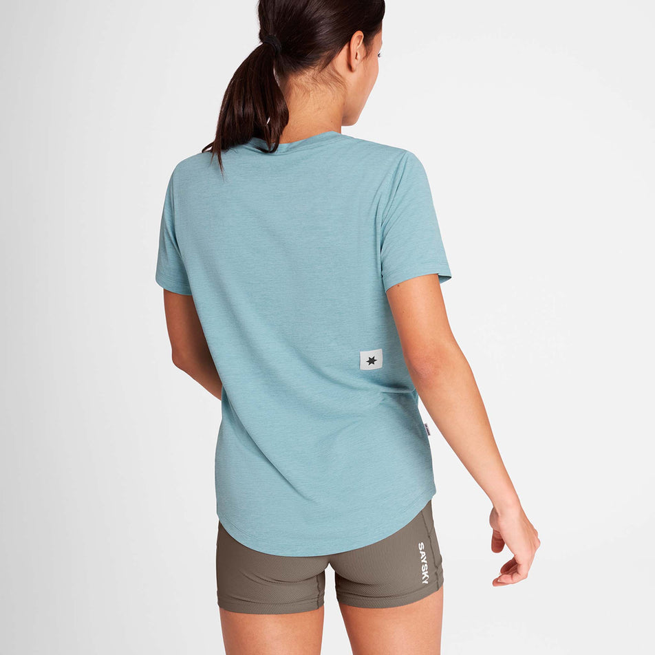 Back view of a model wearing the SAYSKY Women's Logo Combat Pro T-Shirt in the Blue colourway.