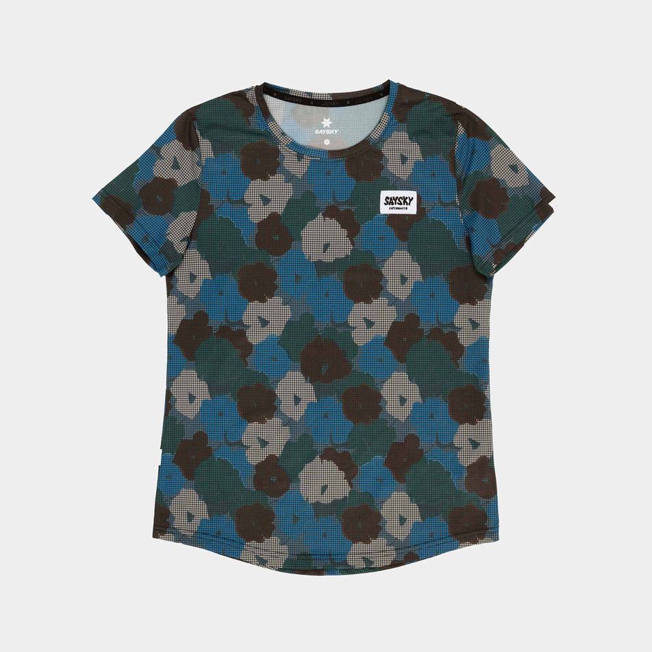 Front view of a SAYSKY Women's Flower Combat T-Shirt in the Blue AOP colourway. (8756513570978)