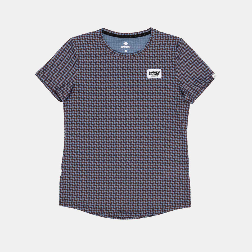 Front view of a SAYSKY Women's Houndstooth Combat T-Shirt in the Blue AOP colourway. (8756514783394)