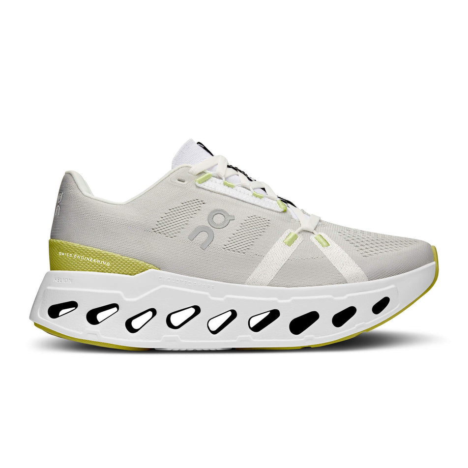 Lateral side of the right shoe from a pair of On Women's Cloudeclipse Running Shoes in the White/Sand colourway (8112396992674)