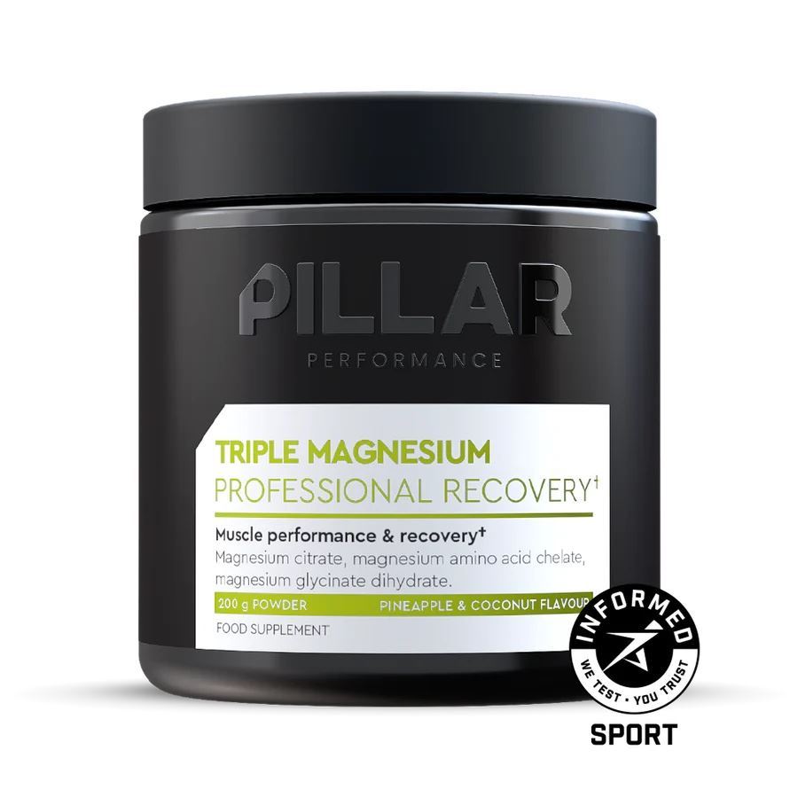 A glass jar of PILLAR Performance Triple Magnesium Professional Recovery Powder in the Pineapple & Coconut flavour (8233075966114)