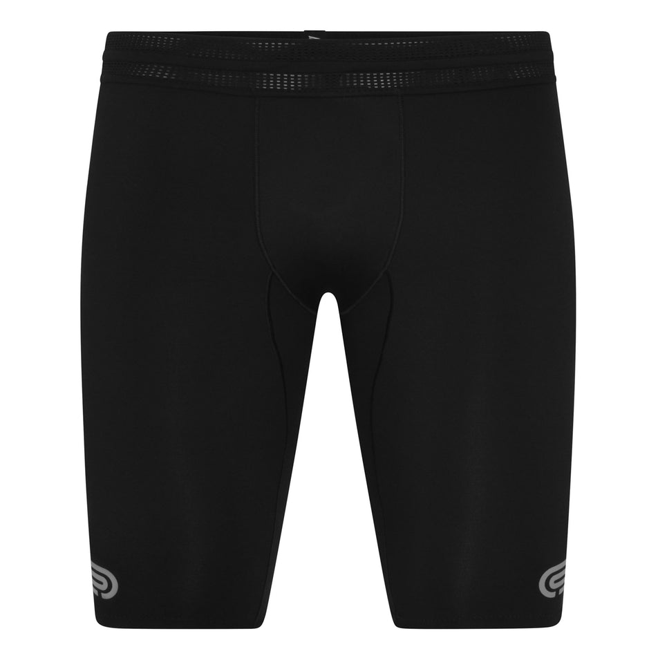 Front view of the Pressio Men's EQ Run Half Tight in the Black colourway. (8622444019874)