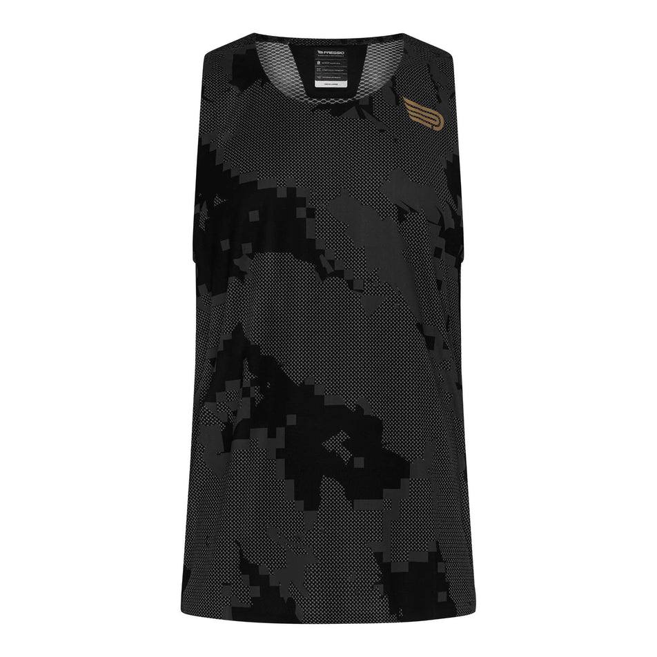 Front view of a Pressio Men's Elite Singlet in the Camo Black colourway (8248493899938)