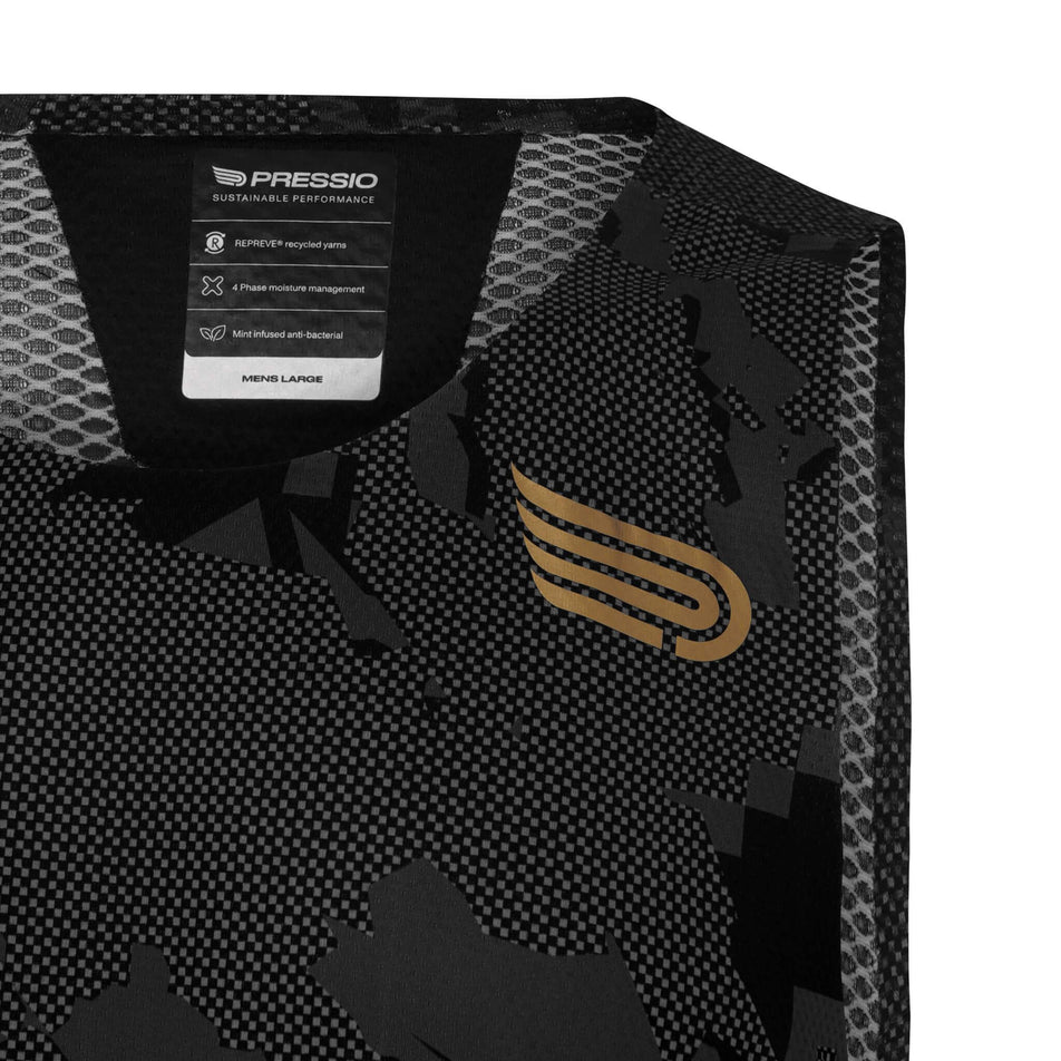 Close-up front view of the upper left chest and neck section of a Pressio Men's Elite Singlet in the Camo Black colourway (8248493899938)