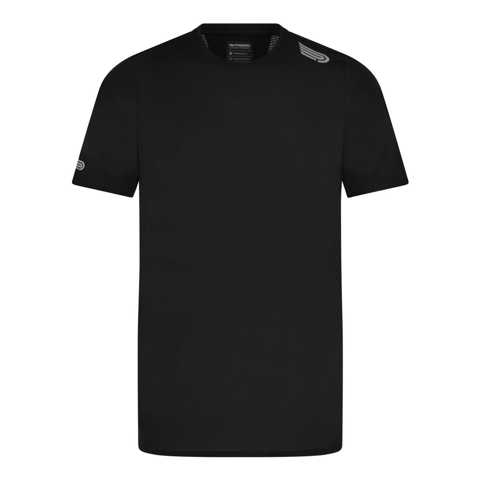 Front view of a Pressio Men's Elite S/S Top in the black colourway (8248497373346)