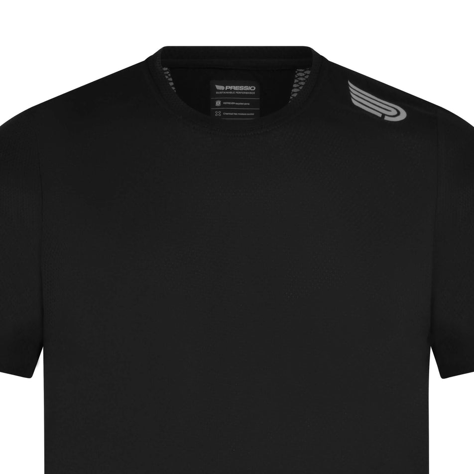 Front view of the upper section of a Pressio Men's Elite S/S Top in the black colourway (8248497373346)