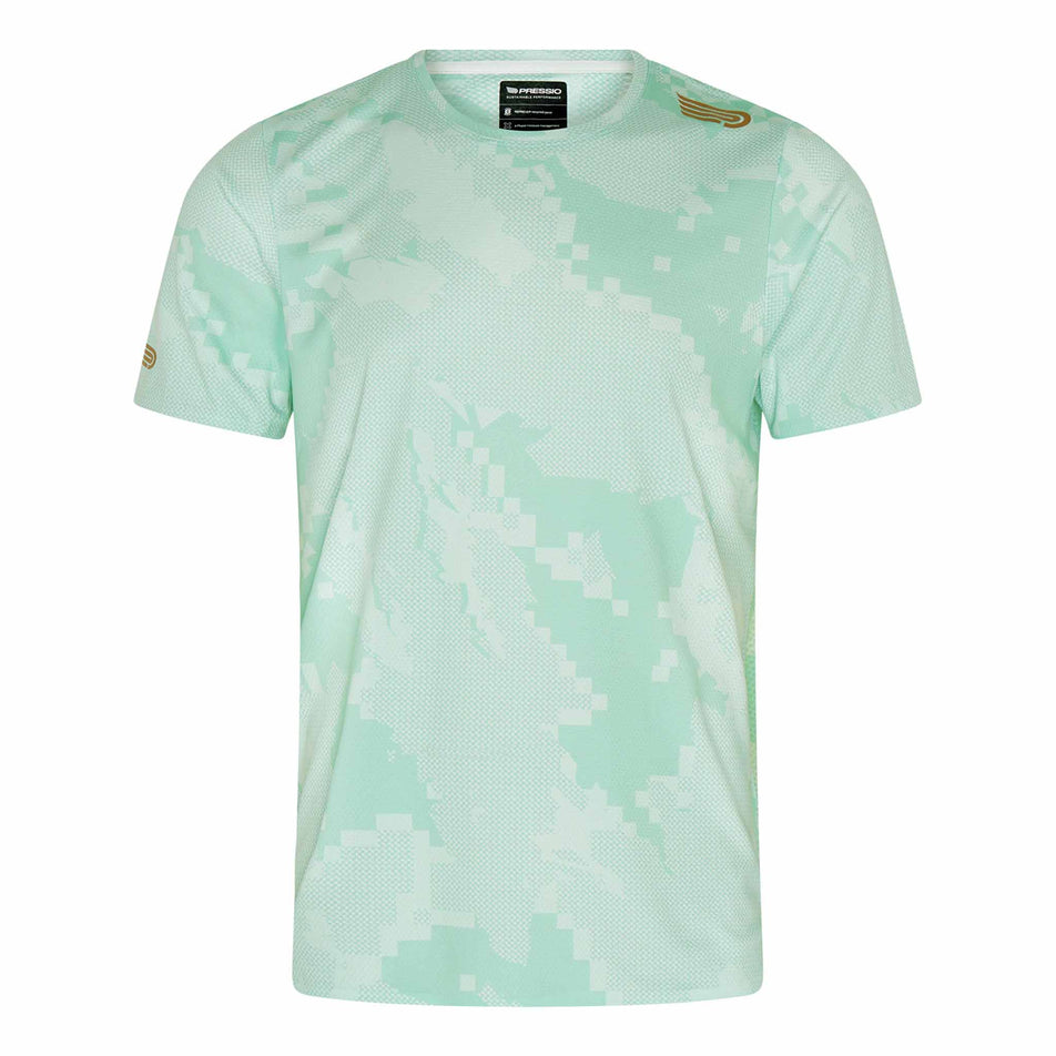 Front view of the Pressio Men's Elite S/S Top in the Mint Camo colourway. (8622459945122)