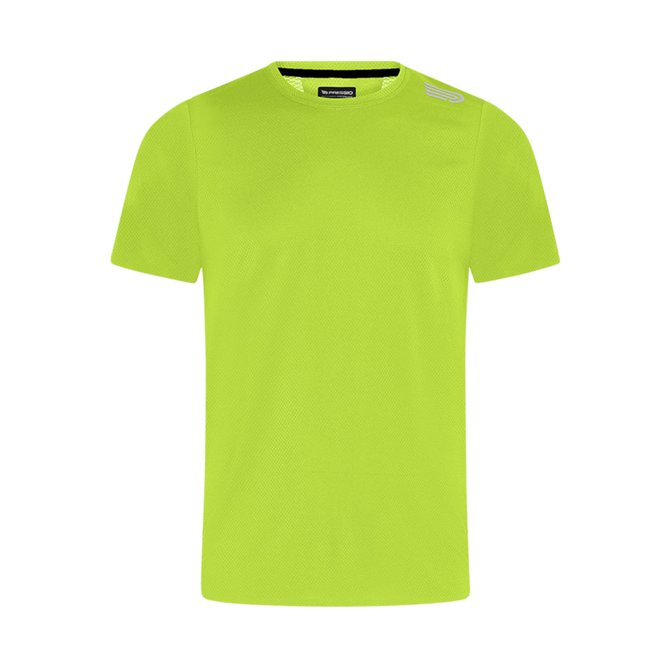 Front view of the Pressio Men's Elite S/S Top in the Fluor Green colourway.