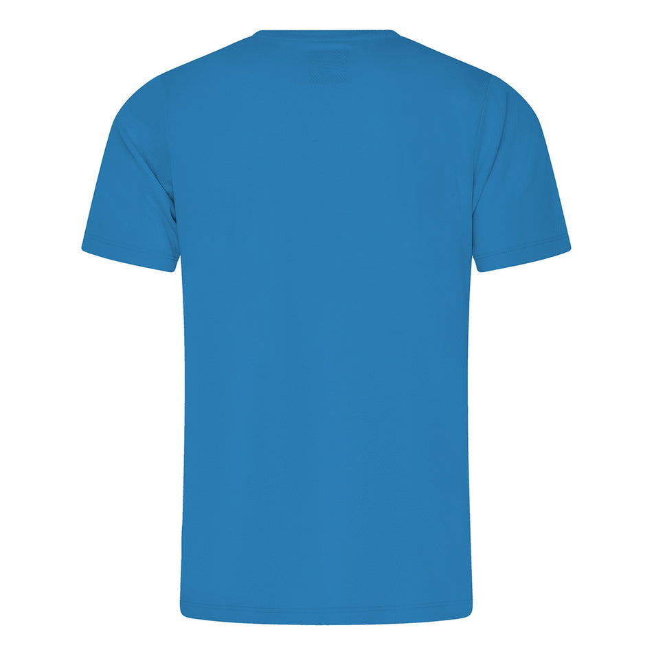 Back view of the Pressio Men's Sustain S/S Top in the Scuba Blue colourway. (8622474821794)