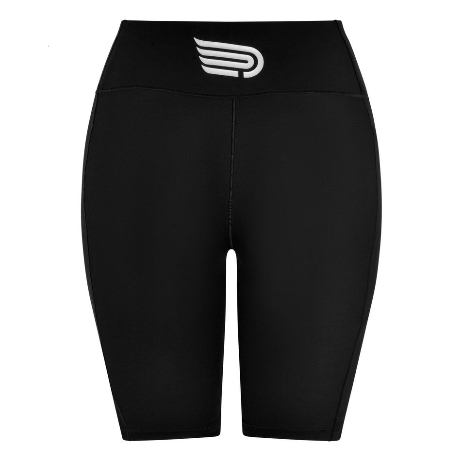 Back view of the Pressio Women's EQ Half Tight - Mid Rise in the Black colourway. (8622482718882)